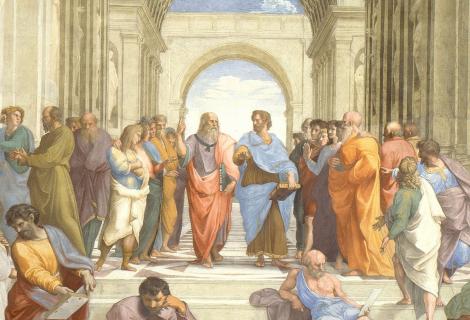Plato en Aristoteles filosoferen in hun eigen taal (Rafaël: De school van Athene)