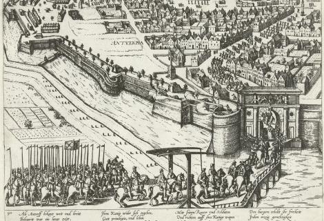 1585, de hertog van Parma trekt Antwerpen binnen. De stad is gevallen, een bepalend moment in de geschiedenis van het Nederlands in Vlaanderen.